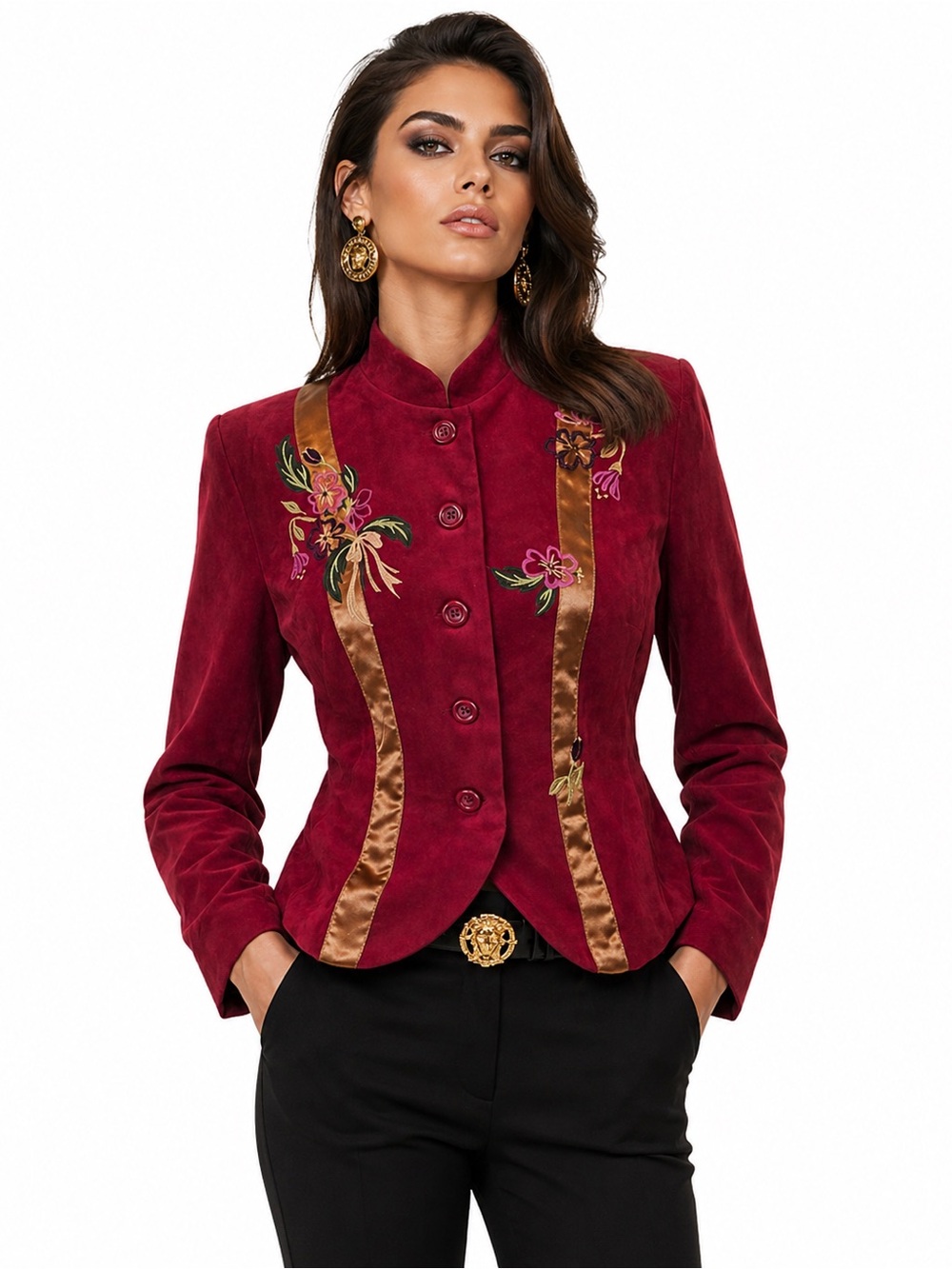 Vintage Y2K Courtenay Red Vegan Suede Floral Embroidered Blazer Sz 6P Boho Retro